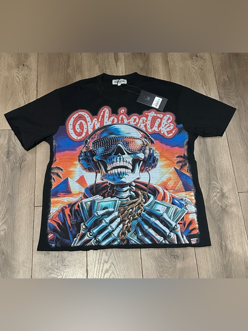 Majestic Black Graphic Skull Tee with Multicolor Print